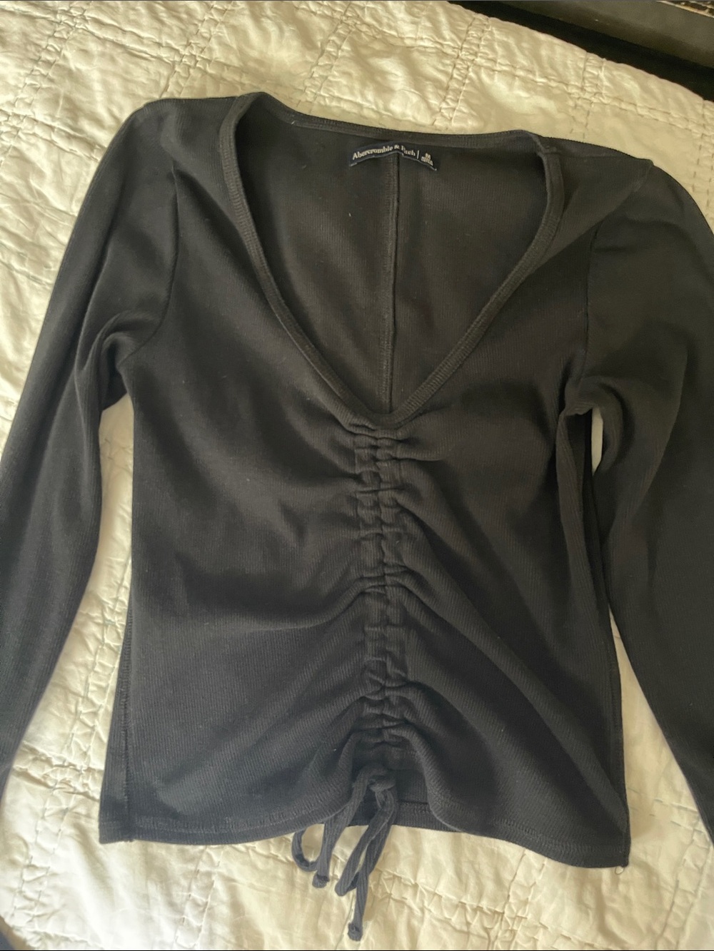 Abercrombie & Fitch Black Ruched V-Neck Long Sleeve Top with Drawstring